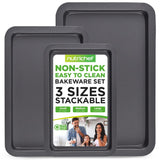 3-Pc. Nonstick Cookie Sheet Baking Pan - Professional Quality Kitchen Cooking Non-Stick Bake Trays With Black Coating Inside & Outside