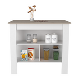 TUHOME Cala Kitchen Island with Antimicrobial Tabletop, Three Open Shelves, One Top Shelf and Four Sturdy Legs Offering Practical Meal Prep Space, Modern Organization and Versatile Functional Design for Contemporary Kitchens
