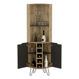 Tuhome Audra Corner Bar Cabinet with Six Built-In Wine Rack Compartments, Two Open Display Shelves, Four Interior Shelves Behind Door and Cup Rack, Space-Saving Home Bar Storage for Modern Entertaining Spaces