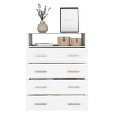 Tuhome Peru L Four Drawer Dresser with Spacious Storage, Superior Display Top, Large Organizational Drawers, Open Shelf for Essentials, Vertical Space-Saving Design for Bedroom or Living Area Home Organization