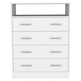 Tuhome Peru L Four Drawer Dresser with Spacious Storage, Superior Display Top, Large Organizational Drawers, Open Shelf for Essentials, Vertical Space-Saving Design for Bedroom or Living Area Home Organization