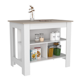 TUHOME Cala Kitchen Island with Antimicrobial Tabletop, Three Open Shelves, One Top Shelf and Four Sturdy Legs Offering Practical Meal Prep Space, Modern Organization and Versatile Functional Design for Contemporary Kitchens