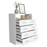 Tuhome Peru L Four Drawer Dresser with Spacious Storage, Superior Display Top, Large Organizational Drawers, Open Shelf for Essentials, Vertical Space-Saving Design for Bedroom or Living Area Home Organization