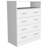 Tuhome Peru L Four Drawer Dresser with Spacious Storage, Superior Display Top, Large Organizational Drawers, Open Shelf for Essentials, Vertical Space-Saving Design for Bedroom or Living Area Home Organization
