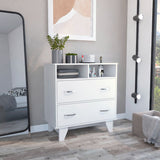 Portanova Two-Drawer Dresser with Dual Open Storage Shelves, Spacious Superior Top Surface, Four-Leg Modern Frame and Functional Bedroom Organization Design for Clothes, Accessories and Everyday Home Storage Needs