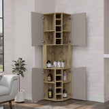 TUHOME Obregon Corner Bar Cabinet with Ten Built-In Wine Rack, Single Door Storage, Cup Rack and Vertical Shelving for Home Bar Organization and Modern Room Enhancement in Compact Corner Spaces