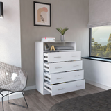Tuhome Peru L Four Drawer Dresser with Spacious Storage, Superior Display Top, Large Organizational Drawers, Open Shelf for Essentials, Vertical Space-Saving Design for Bedroom or Living Area Home Organization
