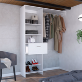 Tuhome Manchester 150 Closet System with Five Open Shelves, Single Drawer, Full-Length Metal Hanging Rod and Spacious Superior Top, Space-Saving Vertical Wardrobe Organizer for Modern Bedrooms and Efficient Clothing Storage