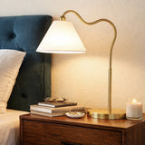 Ornate Brass Ring Base Curved Table Lamp with Triangle White Drum Shade