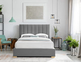 Pierce Mid Century Modern Bed with Deep Channel Tufted Headboard and Elegant Gold & Chrome Legs