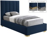 Pierce Mid Century Modern Bed with Deep Channel Tufted Headboard and Elegant Gold & Chrome Legs