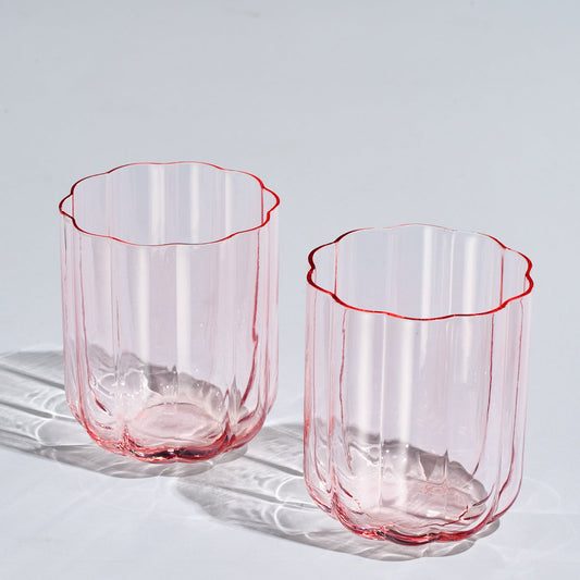 Flower Vintage Glass Stemless Highball - Set of 2-13 oz (Pink)