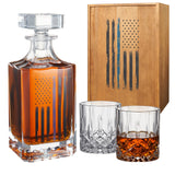 Police Tactical Blue Tattered American Flag Whiskey | 730mL Decanter 2 Whiskey Glass