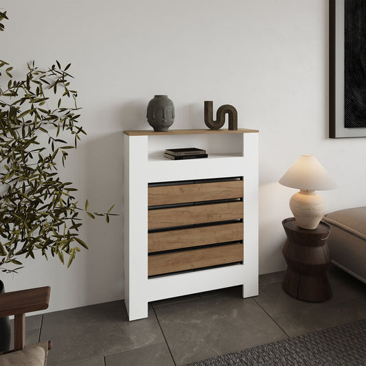 Radiator Cover Mistral Cabinet with Slatted Panel, Modern Home Furniture for Heating Units, Ventilated Decorative Enclosure with White and Natural Wood Tones, Additional Shelf Space for Contemporary Interiors