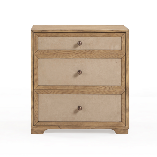 Laurentis 23.5" Light Taupe Suede and Wood 3-Drawer Nightstand
