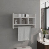 TUHOME Starke Bathroom Wall Shelf with Wide Upper Storage Surface, Three Compact Middle Shelves and Integrated Towel Bar, Space-Saving Organizer for Toiletries, Towels and Decor in Modern or Traditional Bathroom Settings