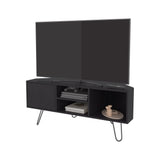 Lancaster Corner Entertainment Console Media Center Designed to Fit Neatly into Room Corners Featuring Ample Storage with Two Open Shelves and Two Concealed Side Cabinets Sleek Modern Look