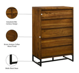 Reed Engineered Wood Mid Century Chest - Antique Coffee Finish with Sleek Matte Black Base Design
