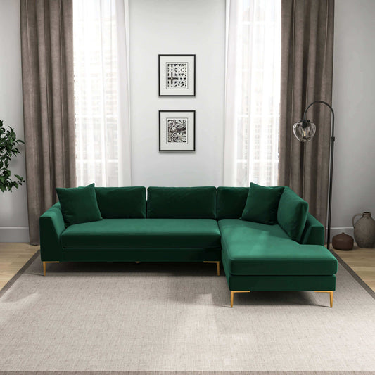 Mano L-Shaped Velvet Sectional Sofa In Green Right Facing