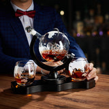 Rotating Whiskey Decanter Globe Set with 2 10OZ Etched Whiskey Glasses