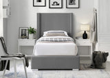 Royce Mid Century Modern Bed with Wingback Headboard and Stylish Gold & Chrome Legs for Elegance