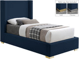 Royce Mid Century Modern Bed with Wingback Headboard and Stylish Gold & Chrome Legs for Elegance