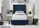 Royce Mid Century Modern Bed with Wingback Headboard and Stylish Gold & Chrome Legs for Elegance