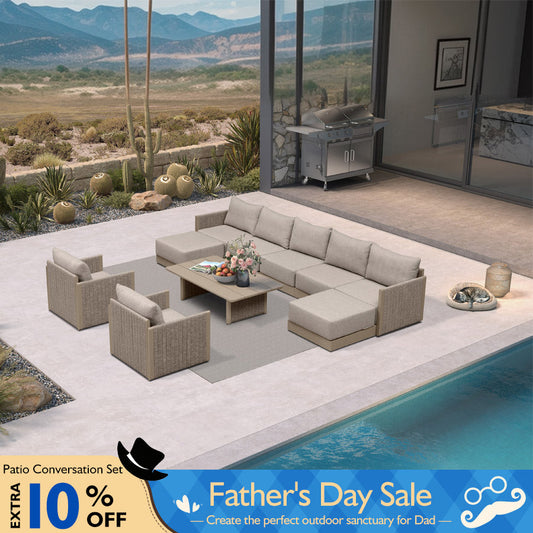 PURPLE LEAF Sanori Beige Symmetrical Outdoor Sectional Modular Design with Cushions and Ottoman for Porch