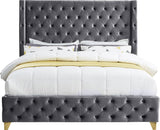 Savan Velvet Bed with Wingback Design, Deep Button Tufting, Gold and Chrome Legs for Luxe Style