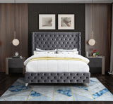 Savan Velvet Bed with Wingback Design, Deep Button Tufting, Gold and Chrome Legs for Luxe Style