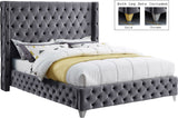 Savan Velvet Bed with Wingback Design, Deep Button Tufting, Gold and Chrome Legs for Luxe Style