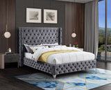 Savan Velvet Bed with Wingback Design, Deep Button Tufting, Gold and Chrome Legs for Luxe Style