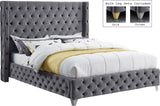 Savan Velvet Bed with Wingback Design, Deep Button Tufting, Gold and Chrome Legs for Luxe Style