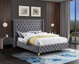 Savan Velvet Bed with Wingback Design, Deep Button Tufting, Gold and Chrome Legs for Luxe Style