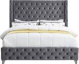Savan Velvet Bed with Wingback Design, Deep Button Tufting, Gold and Chrome Legs for Luxe Style