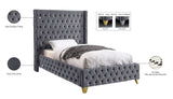 Savan Velvet Bed with Wingback Design, Deep Button Tufting, Gold and Chrome Legs for Luxe Style