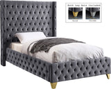 Savan Velvet Bed with Wingback Design, Deep Button Tufting, Gold and Chrome Legs for Luxe Style