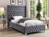Savan Velvet Bed with Wingback Design, Deep Button Tufting, Gold and Chrome Legs for Luxe Style
