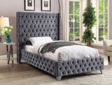 Savan Velvet Bed with Wingback Design, Deep Button Tufting, Gold and Chrome Legs for Luxe Style