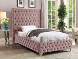 Savan Velvet Bed with Luxurious Deep Button Tufting and Customizable Gold or Chrome Legs