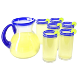 Hand Blown Blue Mexican Drinking Glasses and Pitcher – Set of 6