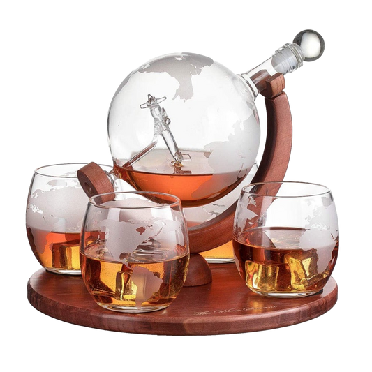 Etched World Decanter Whiskey Globe With Antique Airplane Inside