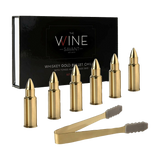 Bullet Whiskey Chillers Stones - 1.75in Whiskey Rocks by The Wine Savant Set of 6 - Stainless Steel Bullet Shaped Ice Cubes, Gift Box Come, Tongs and Storage Bag, Whiskey or Scotch Rocks (Gold)