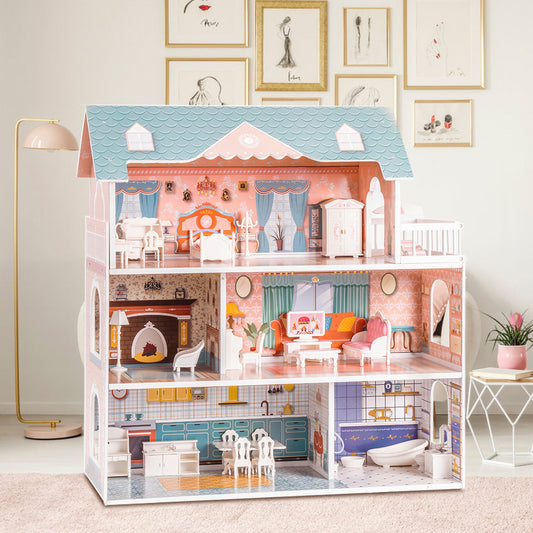 ROBUD Wooden Dollhouse for Kids Girls with Furniture