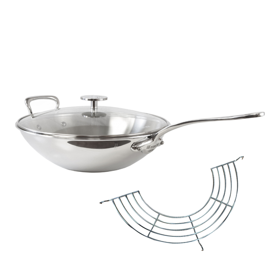 Mauviel M'COOK 5-Ply Wok With Rack, Cast Stainless Steel Long Handle, 5-Qt