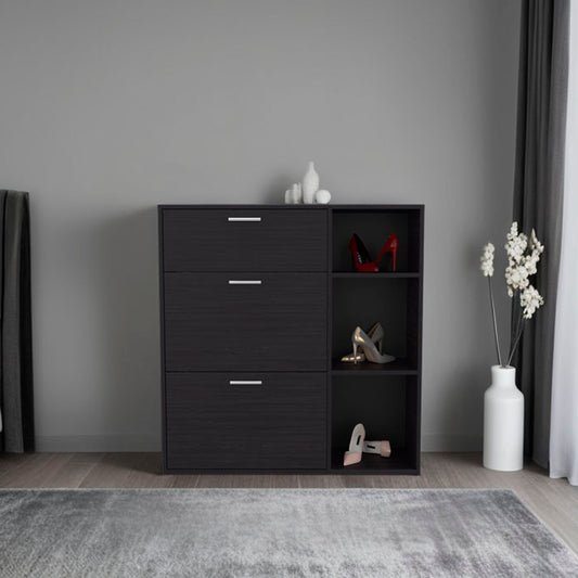 TUHOME Showie Shoe Rack with Three Doors, Adjustable Interior Shelves, Side Storage Compartments and Upper Drawer, Modern Organizational Cabinet for Footwear and Accessories, Ideal for Entryways, Hallways or Closet Spaces