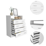 Tuhome Peru L Four Drawer Dresser with Spacious Storage, Superior Display Top, Large Organizational Drawers, Open Shelf for Essentials, Vertical Space-Saving Design for Bedroom or Living Area Home Organization