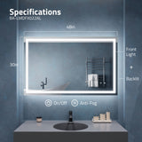 30-in. x 48-in. Frameless LED Front/Back Light Bathroom Mirror w/Defogger