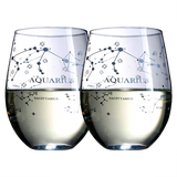 Set of 2 Zodiac Sign Wine Glasses with 2 Wooden Coasters (Aquarius)