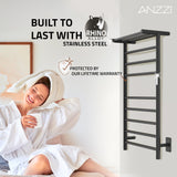 ANZZI Eve Series 8-Bar Towel Warmer (23.6" W x 39" H) with Top Shelf, Digital Control, Dual Installation, Rhino Alloy Certified Stainless Steel
